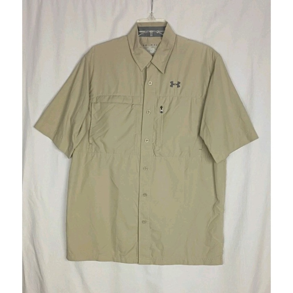 Under Armour Tan  Short Sleeve Men's Button Up Vented HeatGear Fish Shirt Sz M